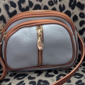 Valentina Light Blue/Gray and Tan Leather Crossbody Bag